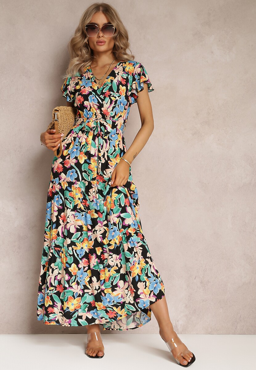 Czarna Rozkloszowana Sukienka Maxi w Kwiaty Moirane