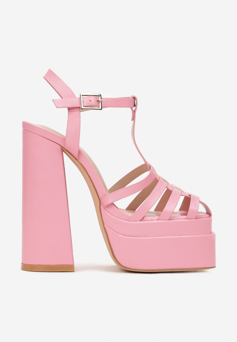 Różowe Sandały na Wysokim Słupku i Platformie z Kwadratowym Noskiem i Sprzączką Lakota