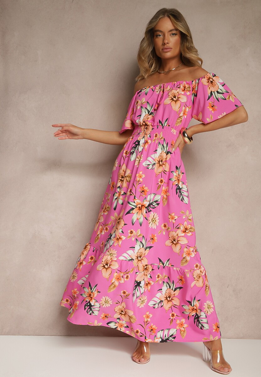 Fuksjowa Sukienka Hiszpanka w Kwiaty z Gumką w Pasie Deviela