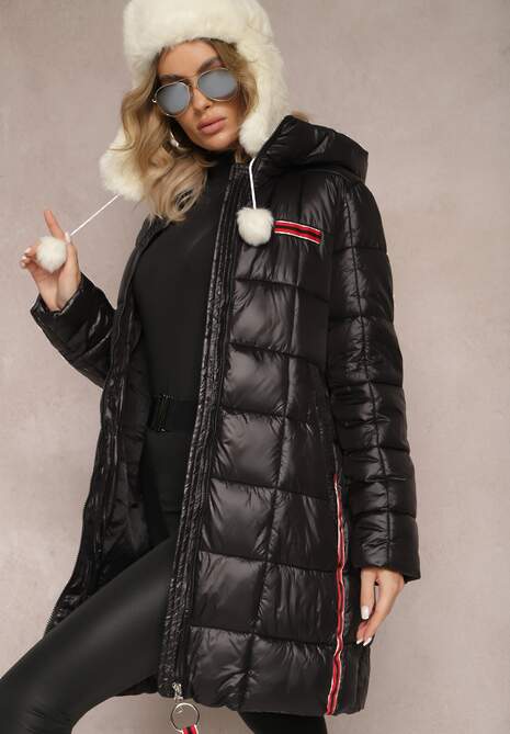 Czarna Kurtka Pikowana z Lampasami i Kapturem Zine