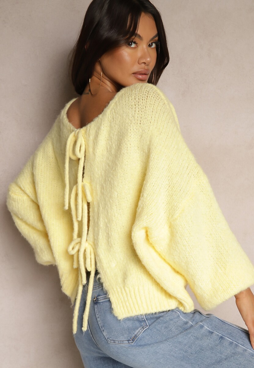 Jasnobrązowy Kardigan z Wełną o Kroju Oversize z Wiązanymi Kokardami Elearina