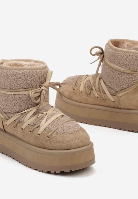 Ciemnobeżowe Śniegowce na Platformie Wykończone Sztucznym Futerkiem Terilani