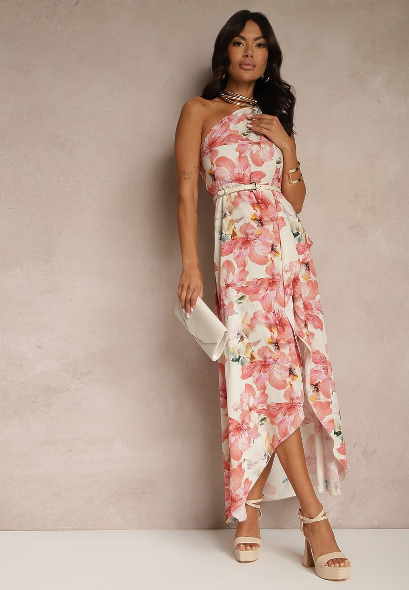 Różowa Asymetryczna Sukienka z Wiskozy w Kwiaty Linive