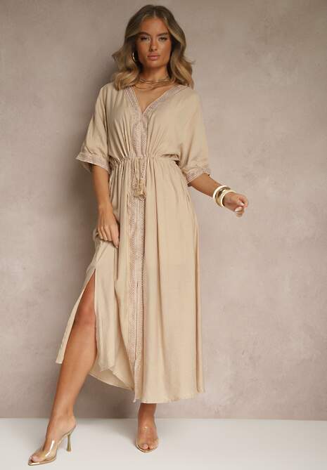 Beżowa Sukienka z Wiskozy Ozdobiona Ażurowymi Wstawkami Aloviana