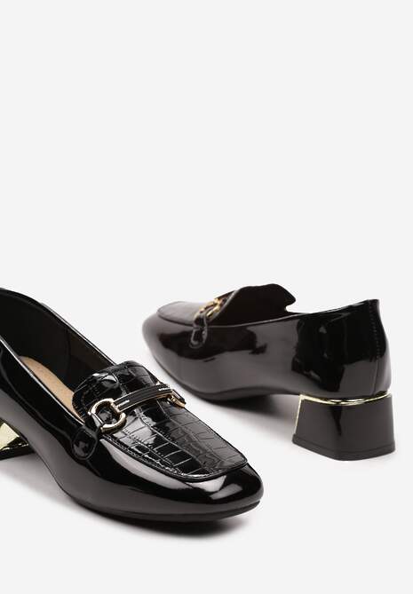 Czarne Lakierowane Półbuty na Słupkowym Obcasie z Klamerką i Cyrkoniami Iloenni