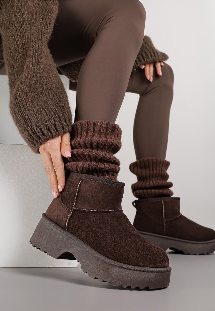 Ciemnobrązowe Śniegowce z Imitacji Zamszu o Wsuwanym Fasonie na Platformie Reilessa