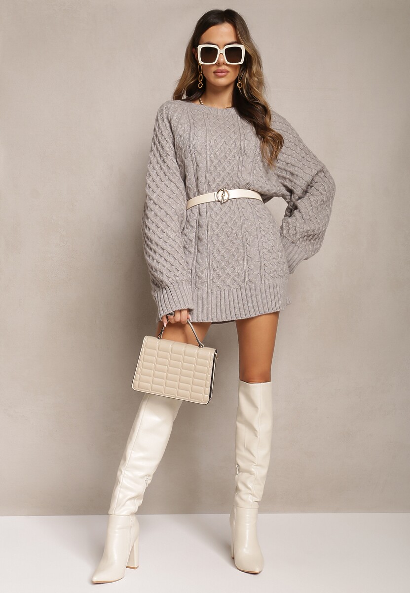 Szary Długi Sweter Ozdobiony Drobnym Splotem Killoe