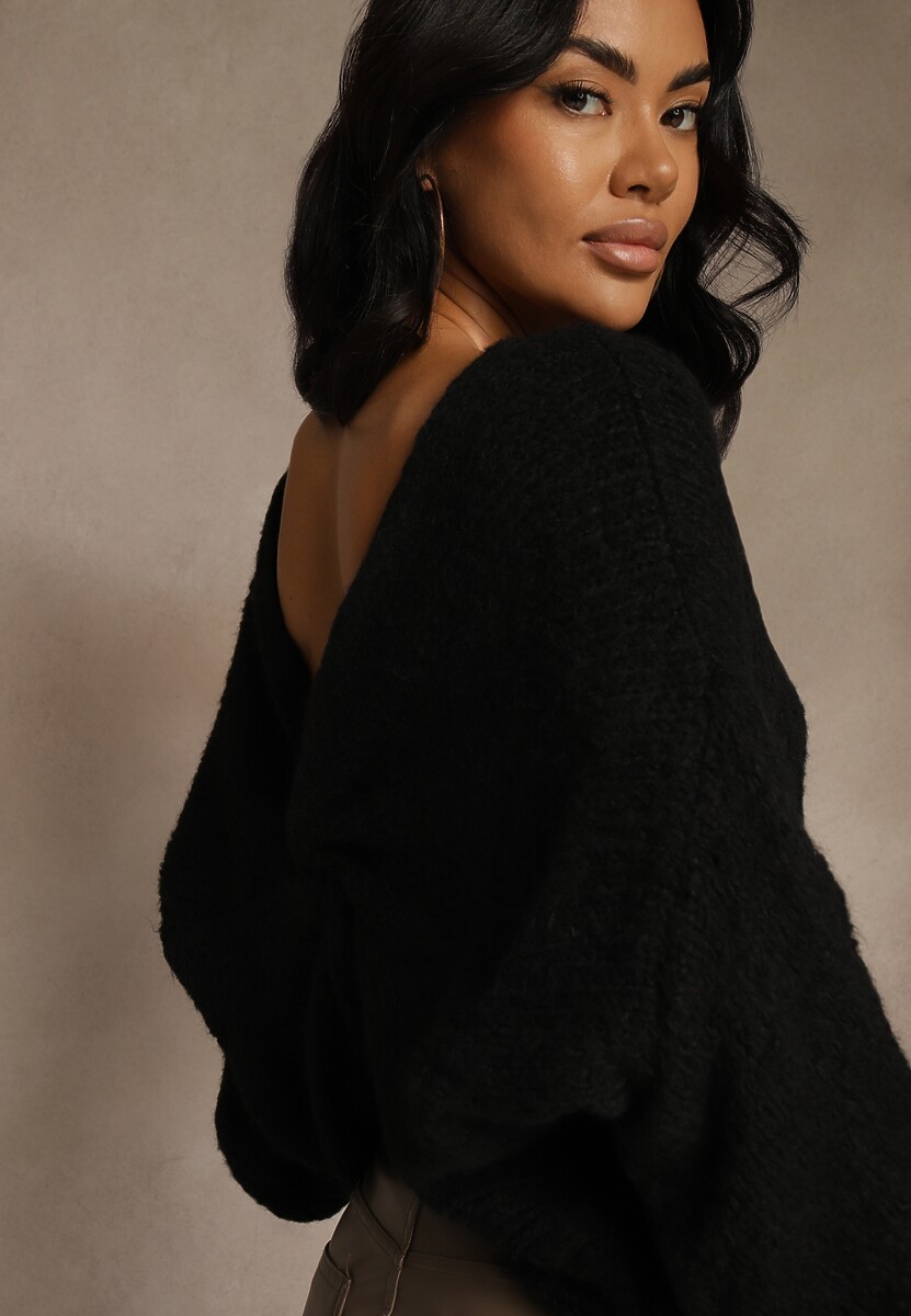 Czarny Oversizowy Sweter z Dodatkiem Wełny Zdobiony Węzłem Lawedana