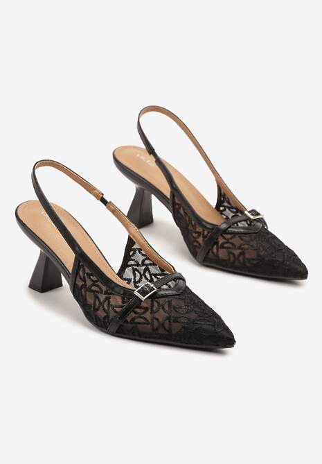 Czarne Sandały Vices na Obcasie z Haftowanej Siateczki Telaniriel