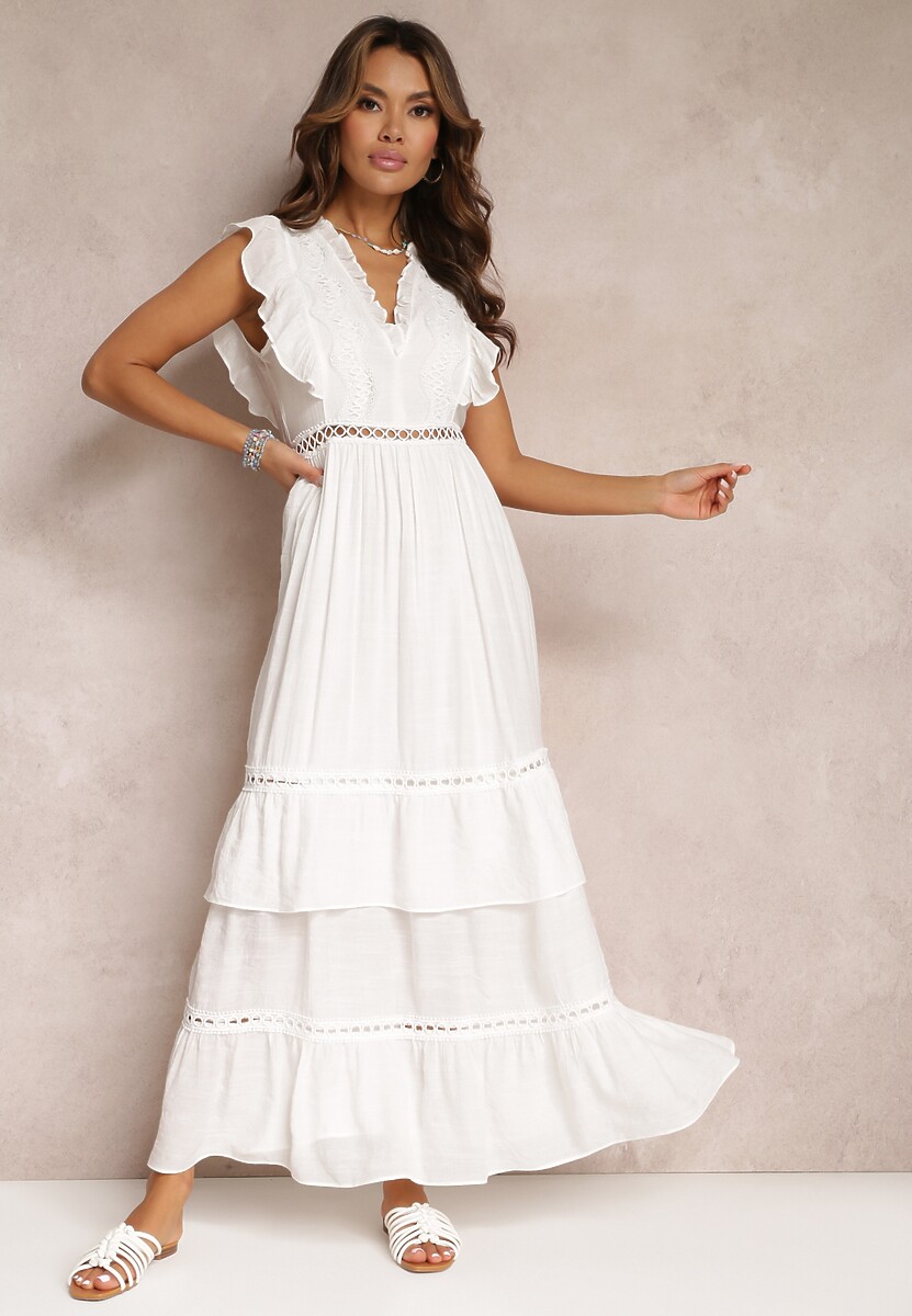 Biała Rozkloszowana Sukienka z Falbankami i Koronką Apoline