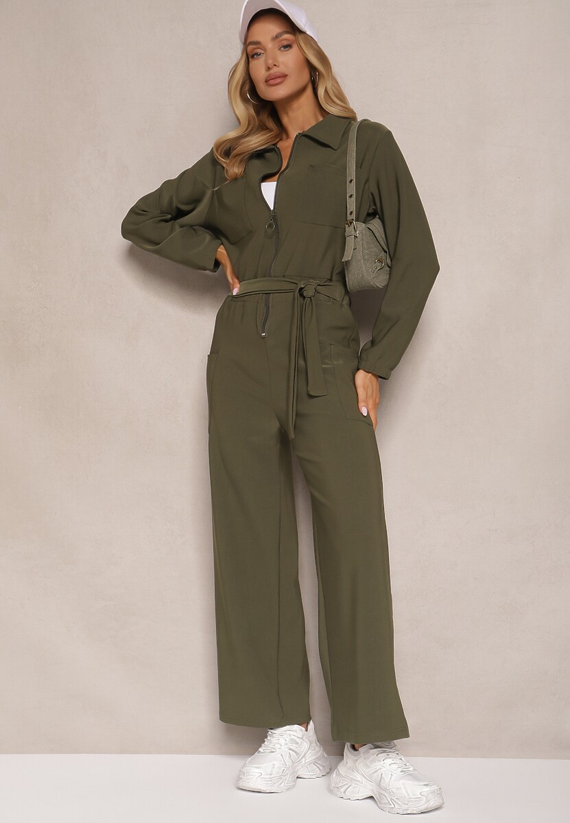 Zielony Kombinezon z Elastyczną Gumką w Pasie z Dodatkowym Wiązaniem o Luźnym Kroju Creera