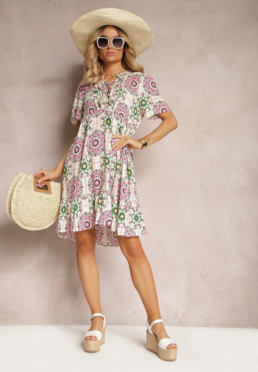 Różowa Sukienka z Wiskozowej Tkaniny w Mozaikowy Wzór Boho Naviera