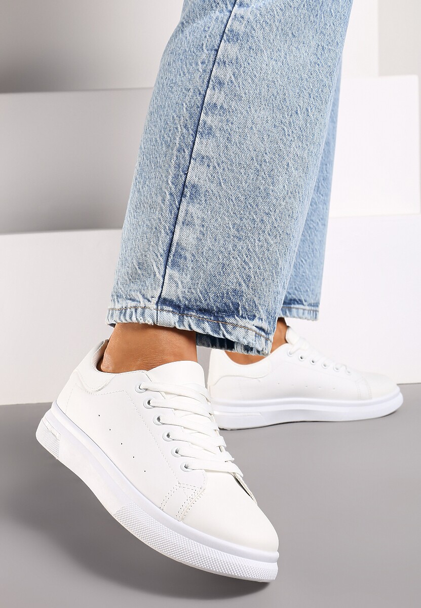 Biało-Czarne Wiązane Sneakersy na Płaskiej Podeszwie z Modną Wstawką Zanelih