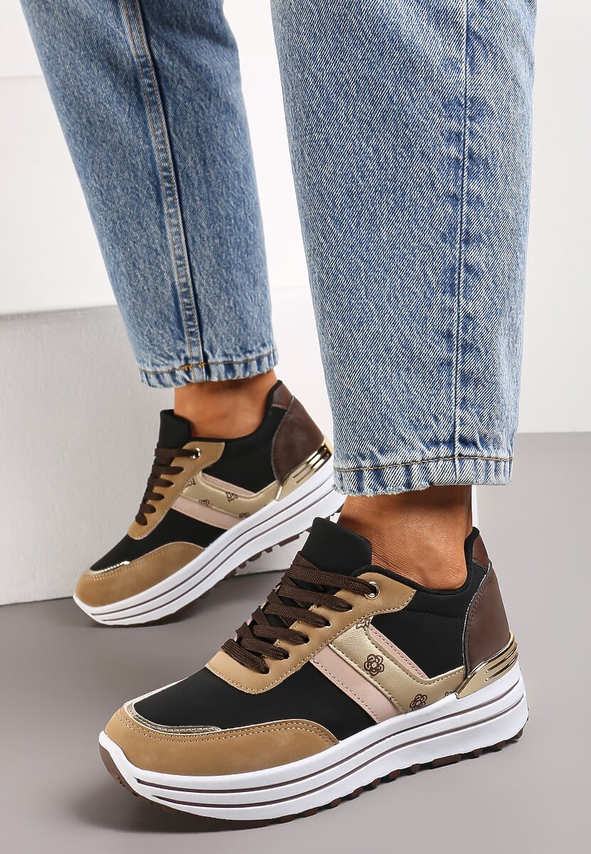 Ciemnobeżowe Sneakersy z Dekoracyjnymi Wstawkami na Platformie w Paski Letorra