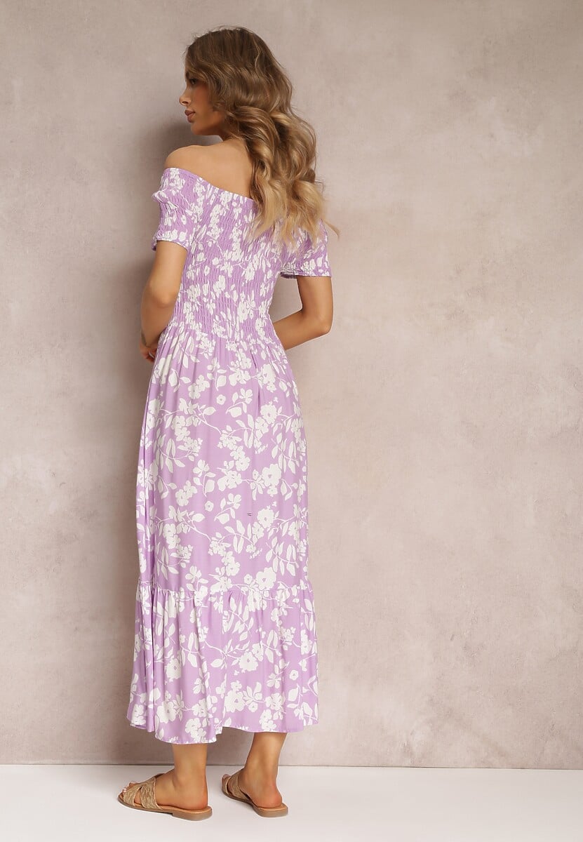 Fioletowa Rozkloszowana Sukienka Maxi z Hiszpańskim Dekoltem w Kwiaty Zevana