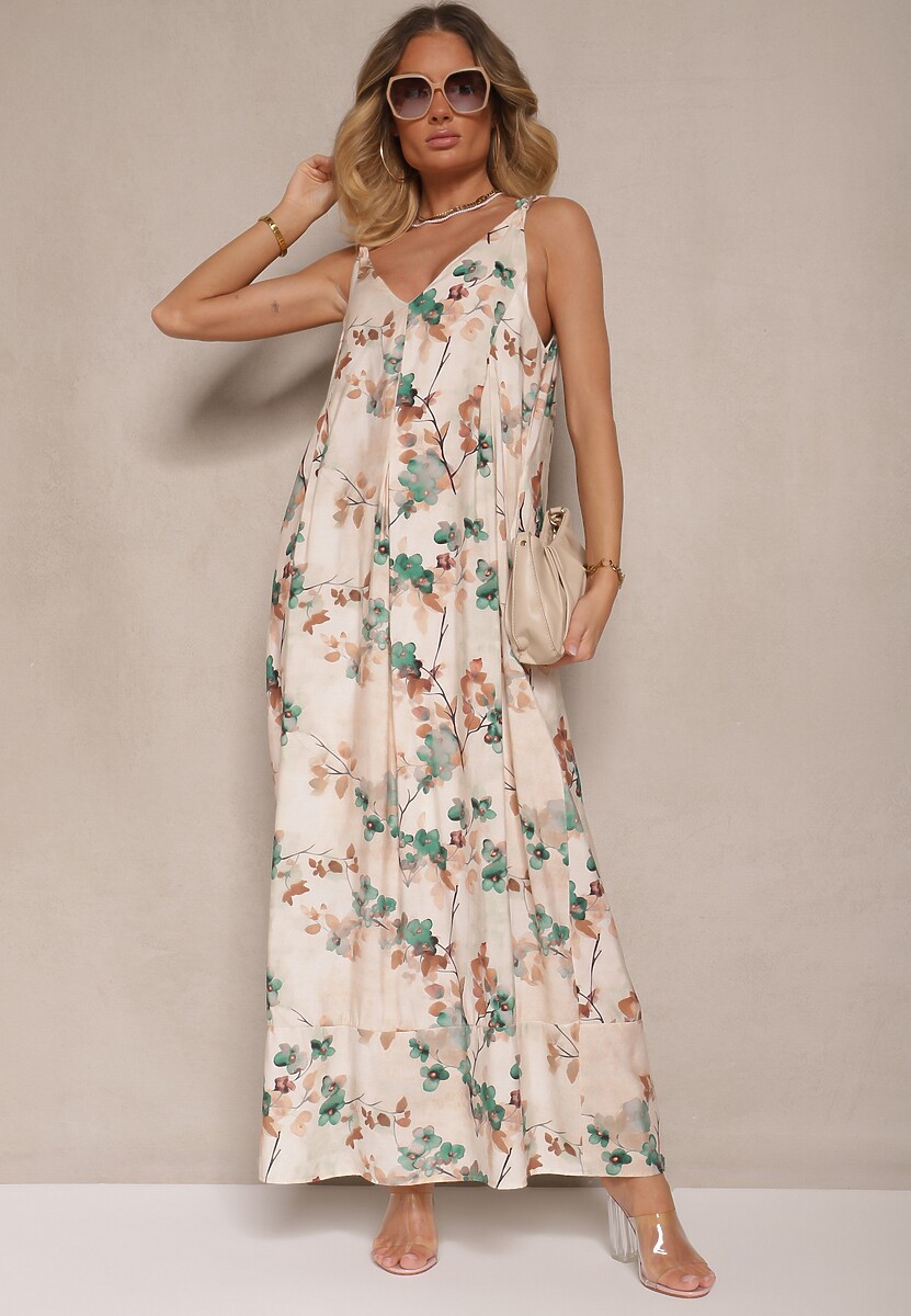 Beżowo-Zielona Rozkloszowana Sukienka na Ramiączkach z Wiskozą w Kwiatowy Wzór Jenariona