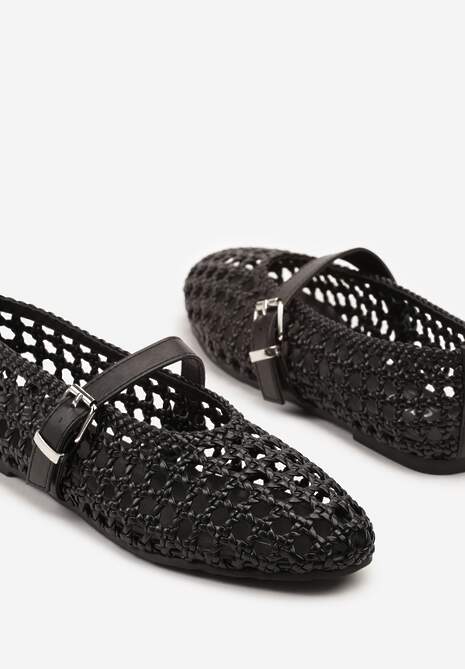 Czarne Balerinki Ozdobione Paskiem i Plecionką Linalanna