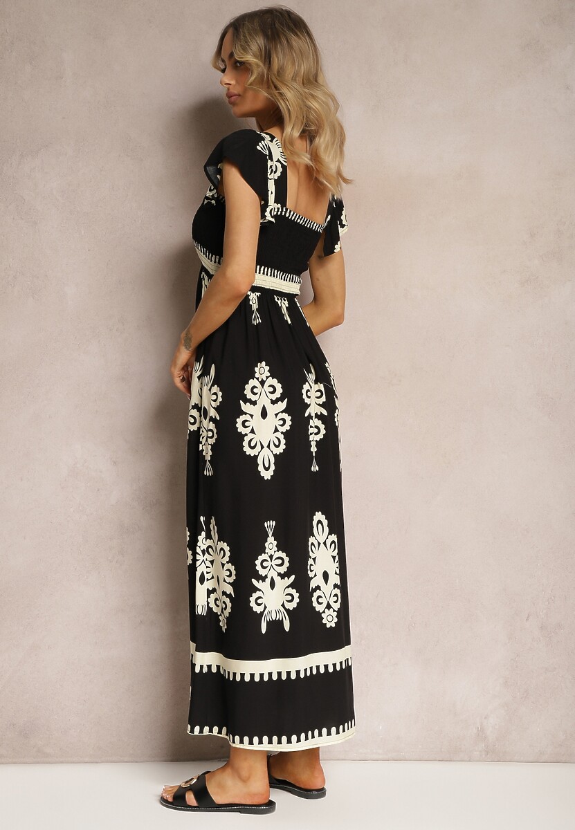 Czarna Wiskozowa Sukienka Boho z Falbankami i Gumką w Talii na Szerokich Ramiączkach Dreria