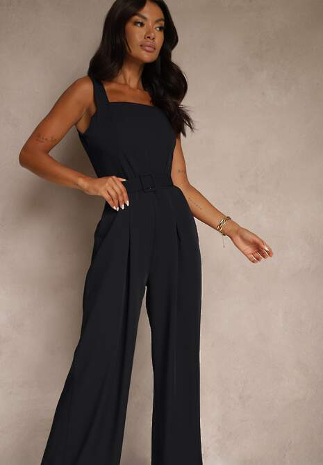 Granatowy Elegancki Kombinezon Ozdobiony Paskiem z Klamrą Dolanela