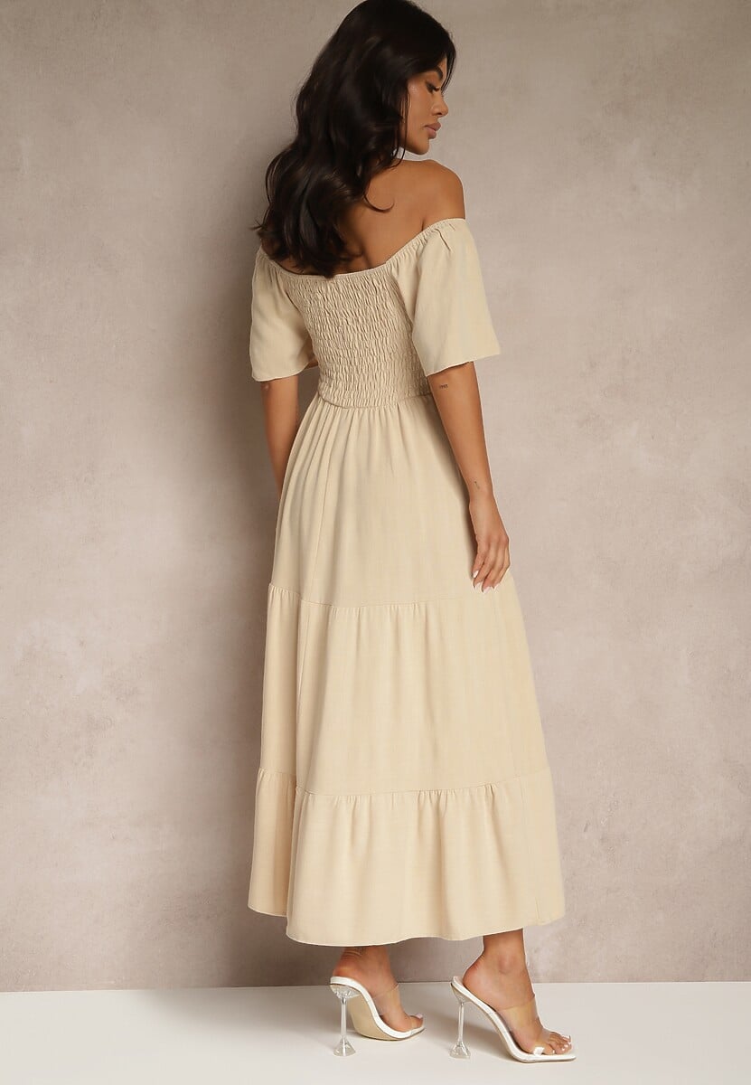 Beżowa Wiskozowa Sukienka z Lnem o Rozkloszowanym Kroju Koloreia