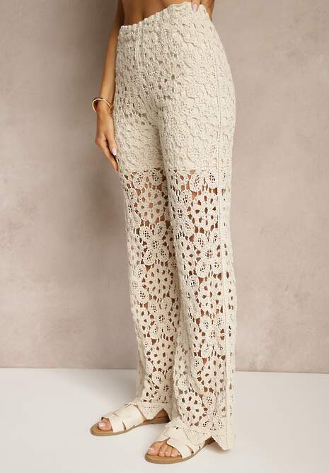 Beżowe Spodnie Flare High Waist z Ażurowej Tkaniny z Gumką w Talii  Mepnira