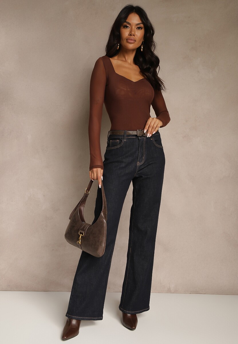 Brązowa Bluzka Longsleeve z Siateczki z Wiskozą z Dekoltem w Serce Elinevia