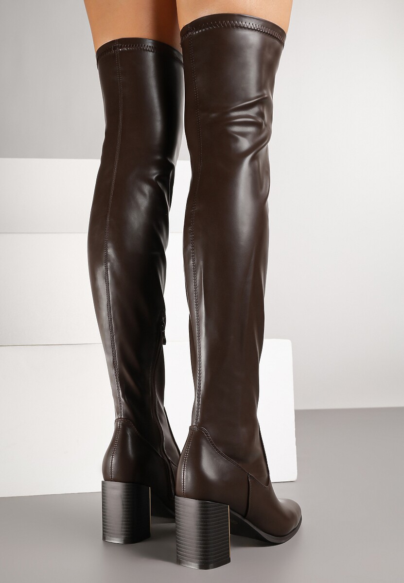 Brązowe Kozaki za Kolano na Słupku z Metaliczną Wstawką Vioeln