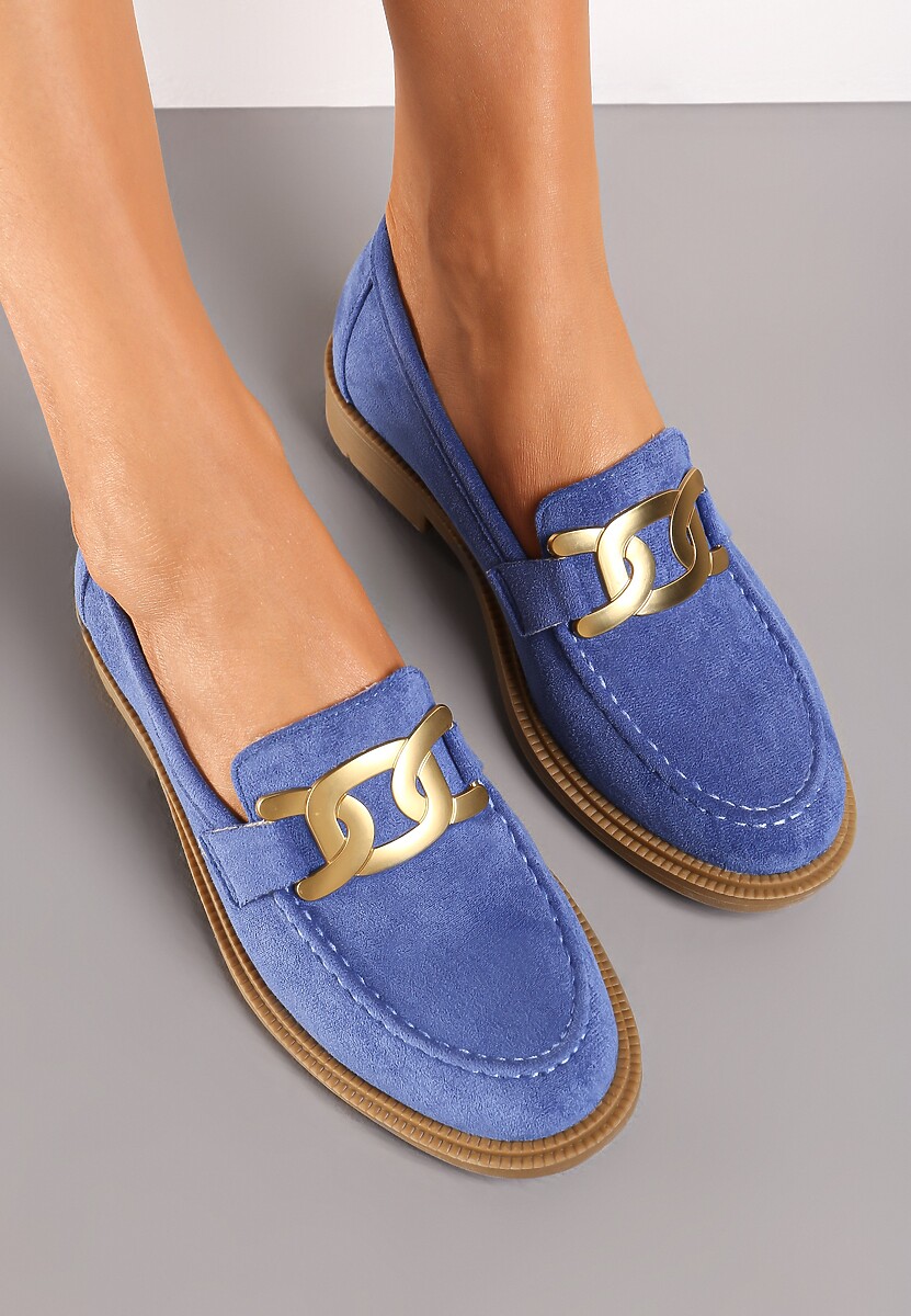 Niebieskie Mokasyny z Metalową Klamrą i Cholewką z Ekozamszu Vatile