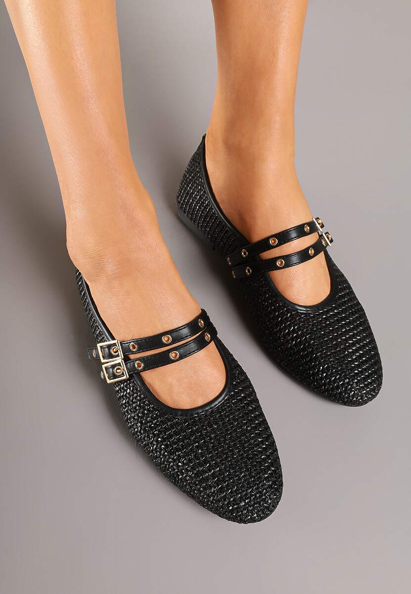 Czarne Plecione Balerinki Mary Jane na Płaskiej Podeszwie Firmi