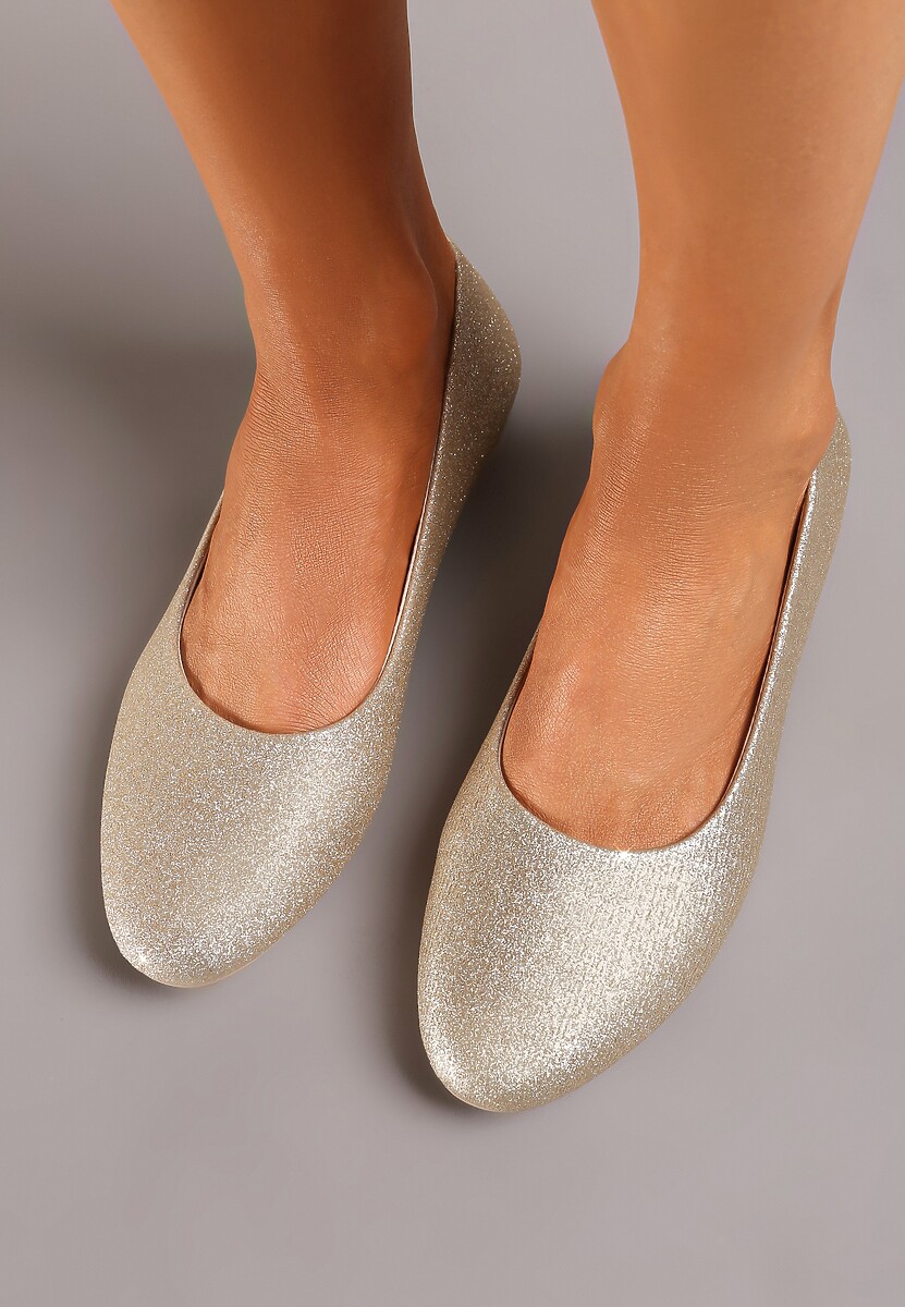 Złote  Brokatowe Balerinki na Płaskiej Podeszwie Uarneli