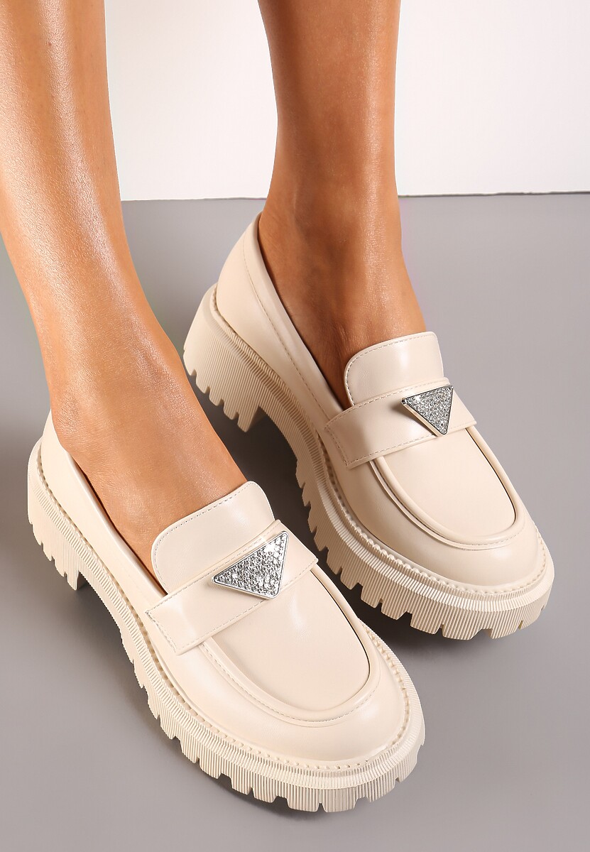 Beżowe Mokasyny na Grubej Podeszwie Ozdobione Cyrkoniami Mavalis