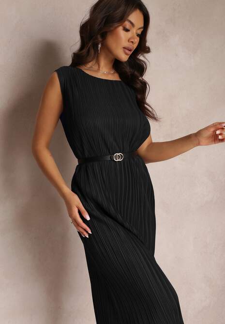Czarna Pudełkowa Sukienka Midi z Plisowanej Tkaniny z Paskiem z Klamerką Lanaia