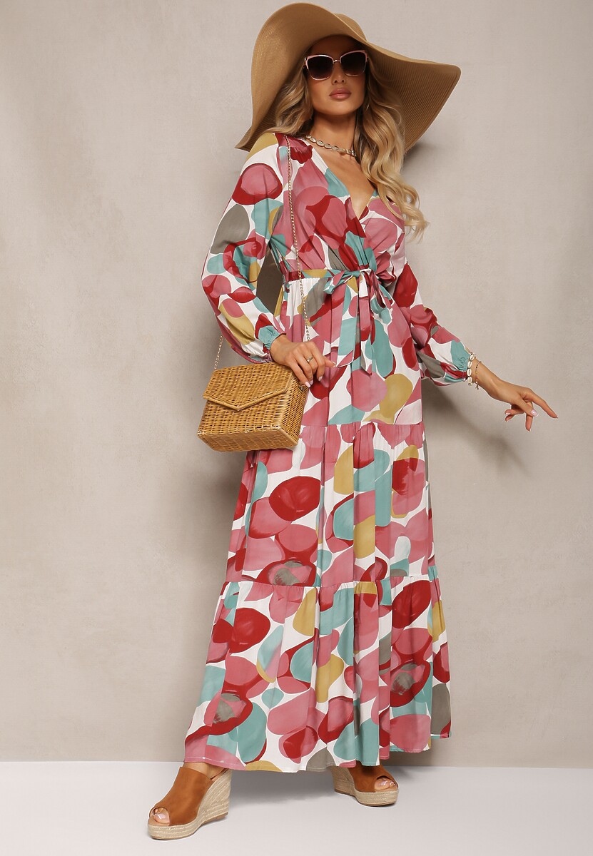 Czerwono-Zielona Sukienka z Wiskozy o Trójkątnym Dekolcie z Gumką w Talii i Materiałowym Paskiem Fiavena