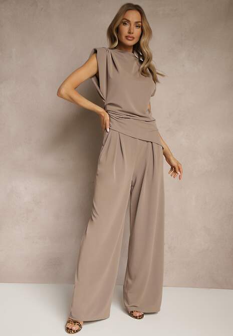 Jasnobrązowy Komplet Bluzka z Poduszkami w Ramionach i Proste Spodnie z Gumką w Pasie Divanes