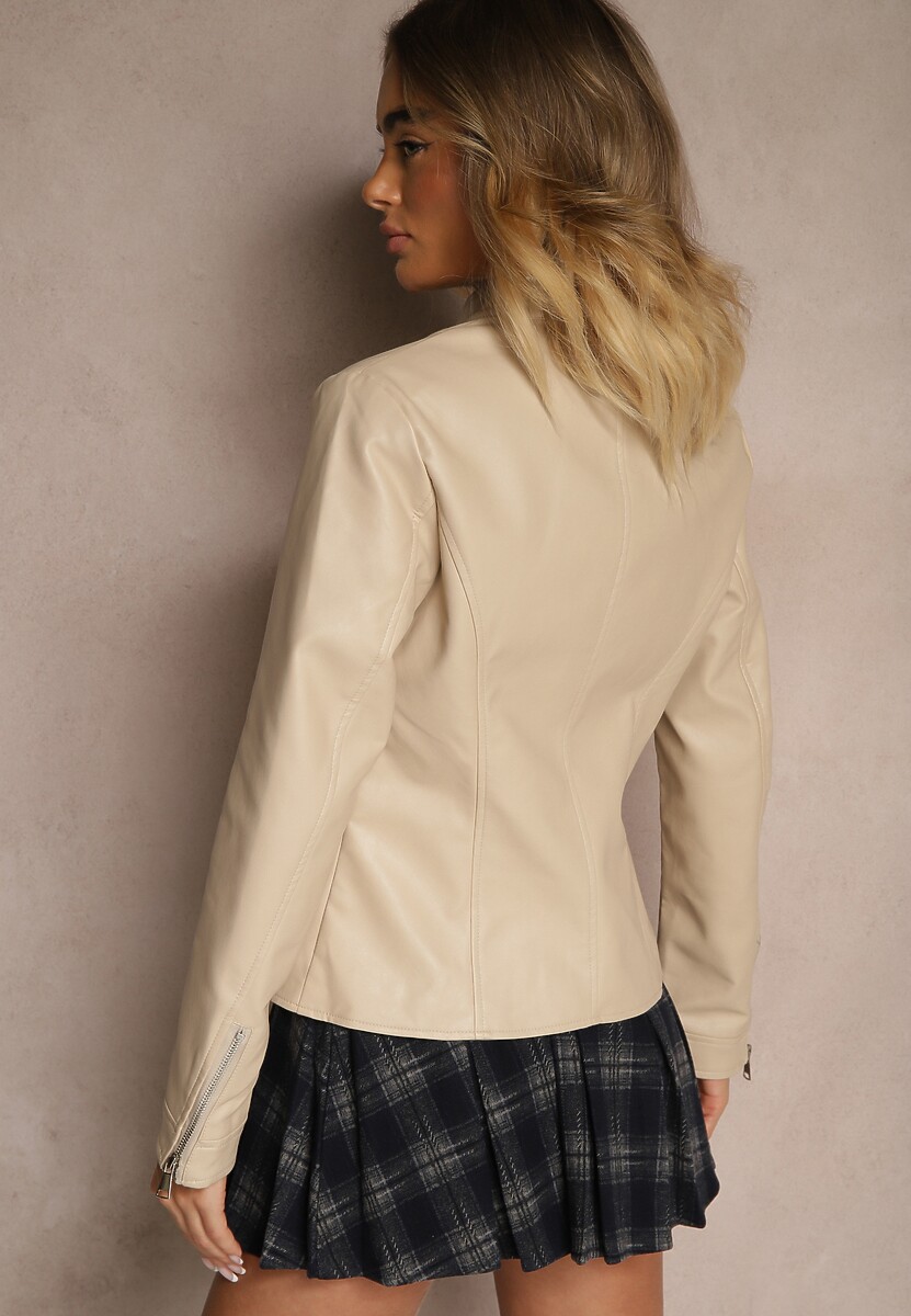 Beżowa Kurtka Ramoneska z Ozdobnymi Przeszyciami Idivona