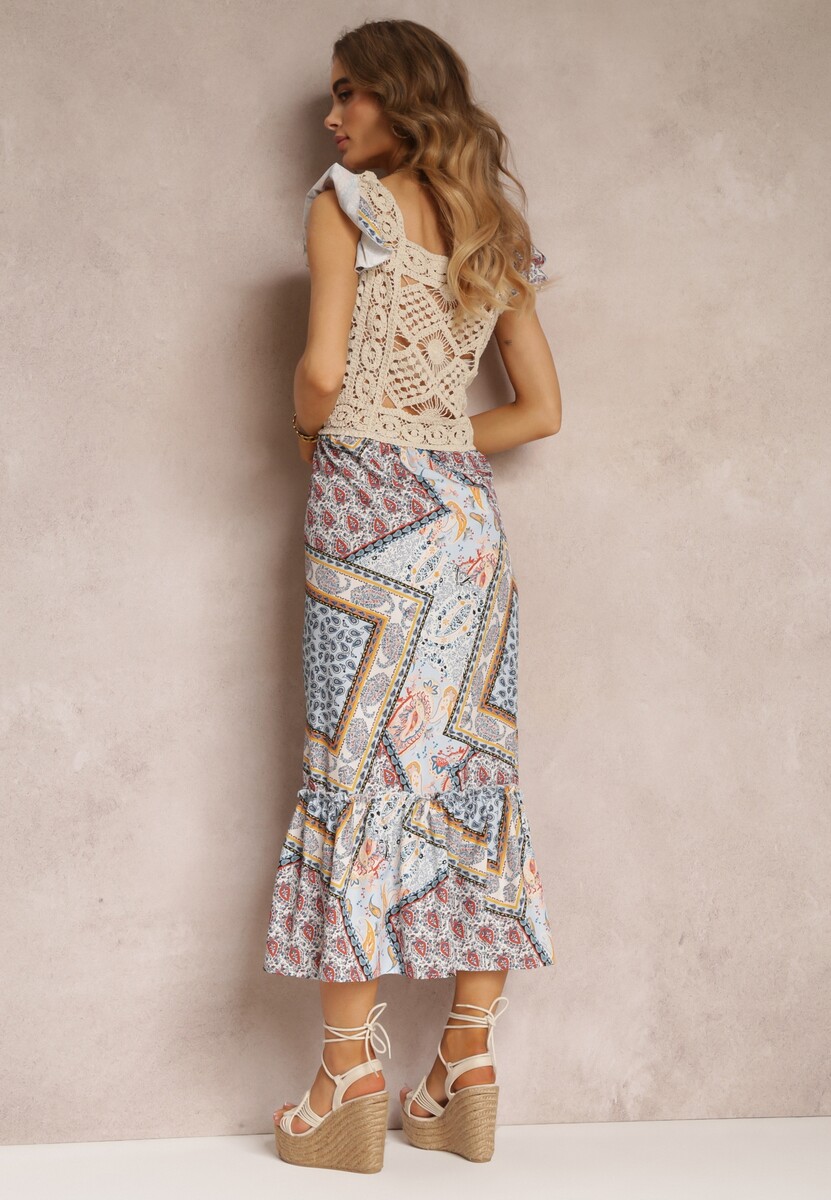 Beżowo-Niebieska Bawełniana Sukienka z Szydełkową Wstawką i Wzorem Paisley Rynlia