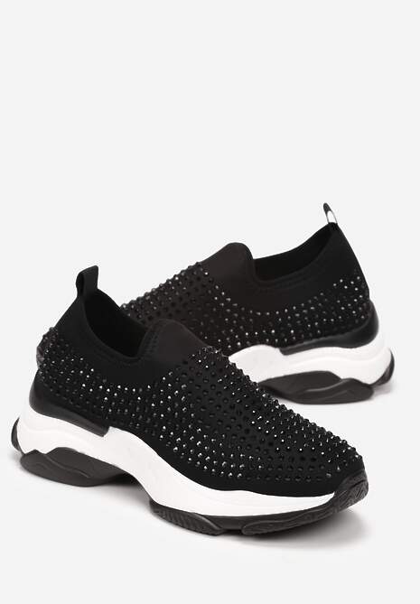 Czarne Buty Sportowe na Grubej Podeszwie w Cyrkonie Elerene
