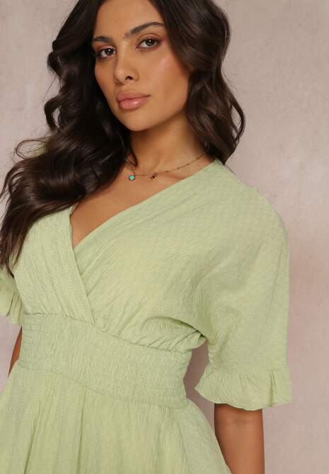 Zielona Zwiewna Sukienka Mini z Falbankami i Szeroką Gumką w Talii Olleanne