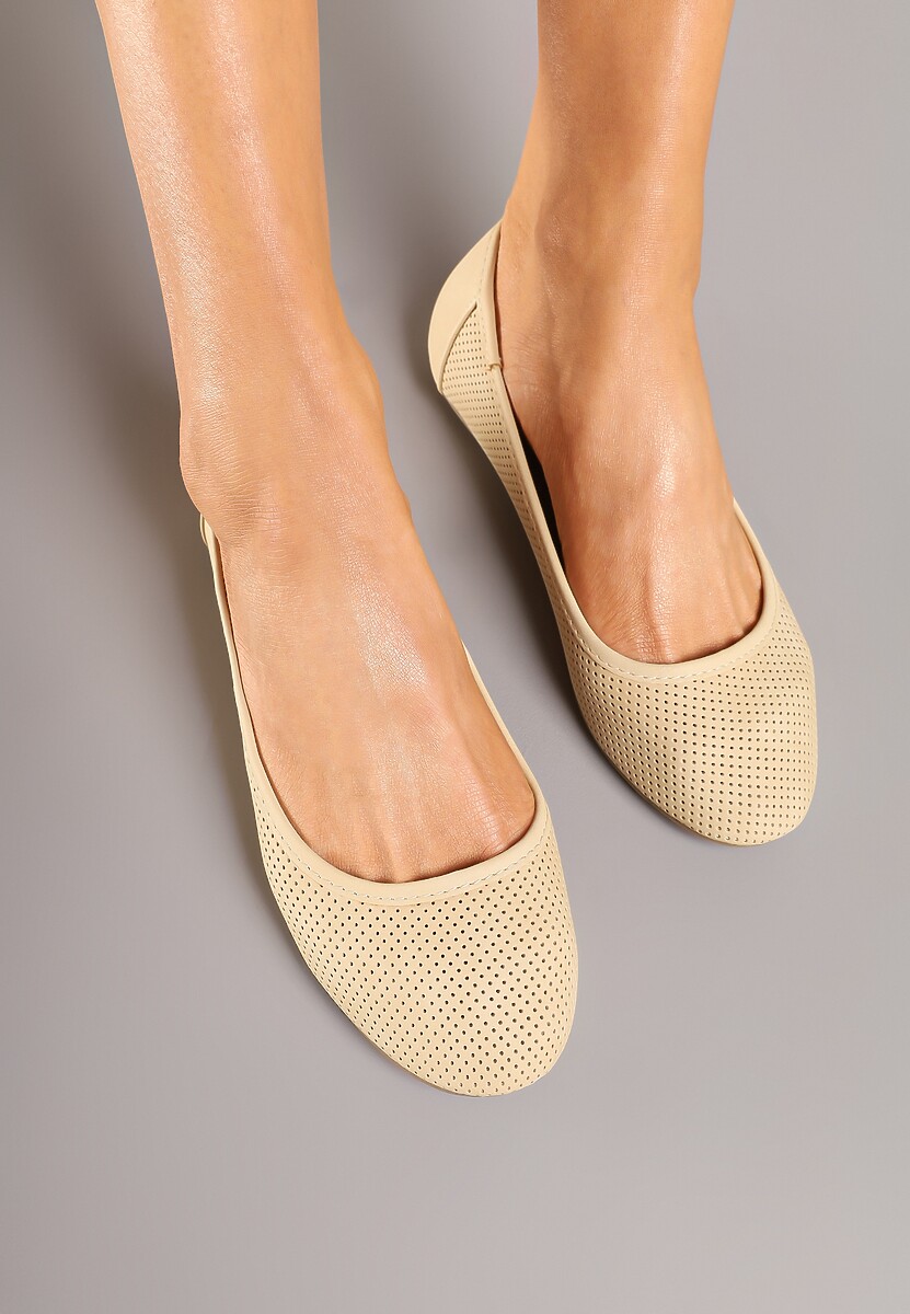 Beżowe Balerinki z Perforacją i Wkładką ze Skóry Naturalnej Nonaviael