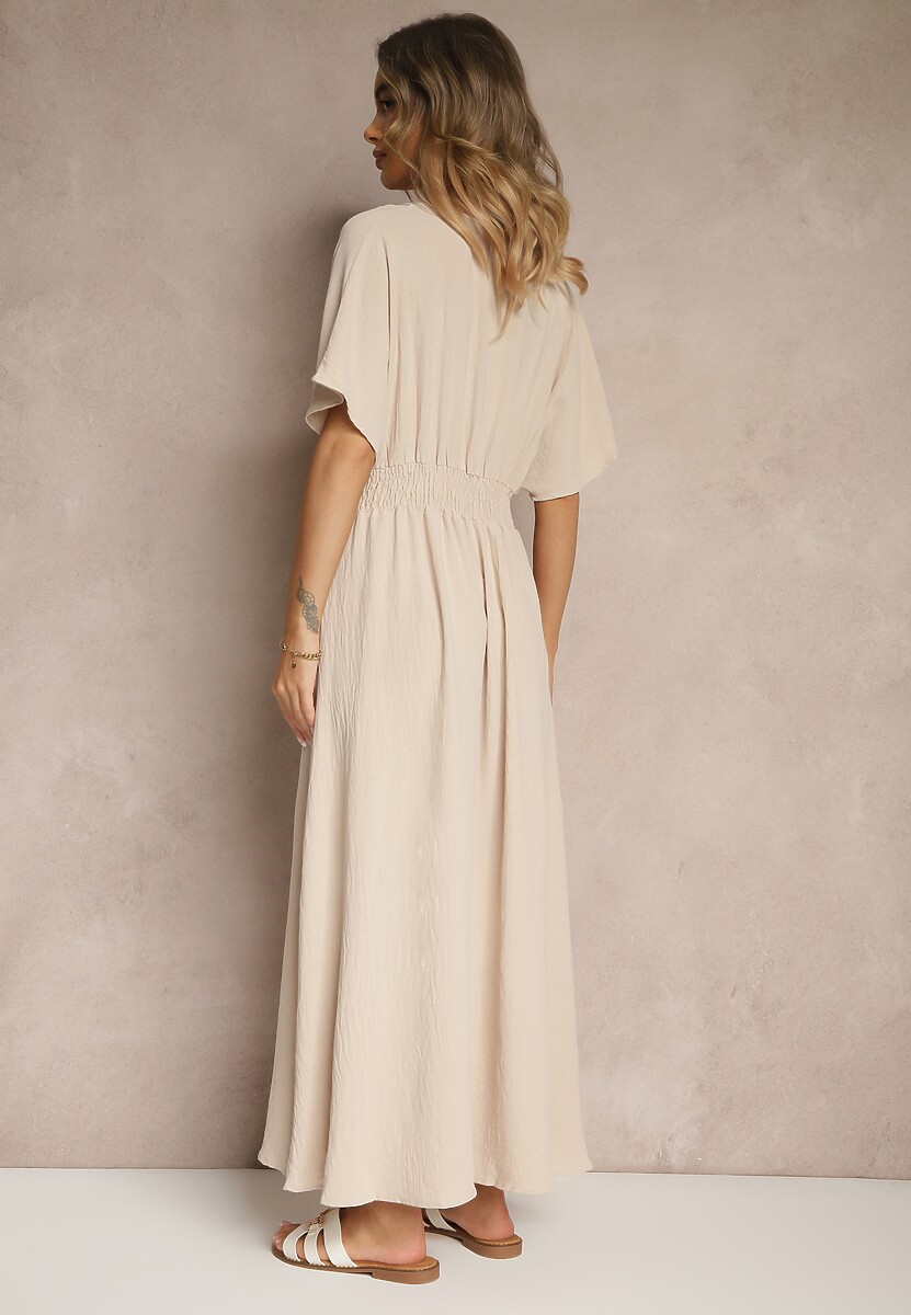 Jasnobeżowa Sukienka o Rozkloszowanym Kroju z Gumką w Talii Iffine