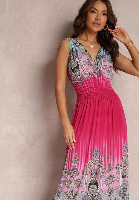 Ciemnoróżowa Rozkloszowana Sukienka z Gumką w Talii i Sznurkami na Ramiączkach Railia