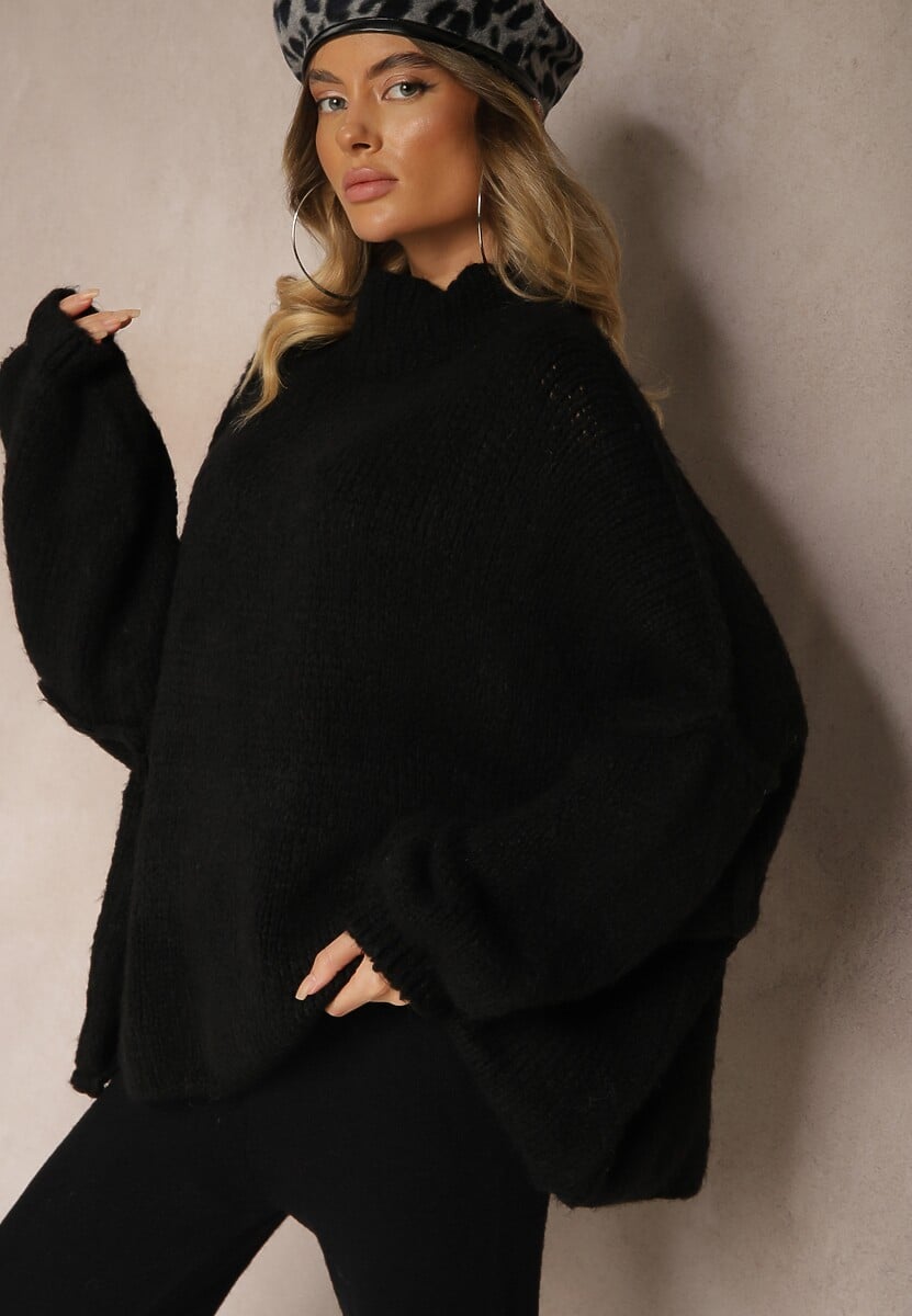 Czarny Golf Oversize z Domieszką Wełny Asintavira