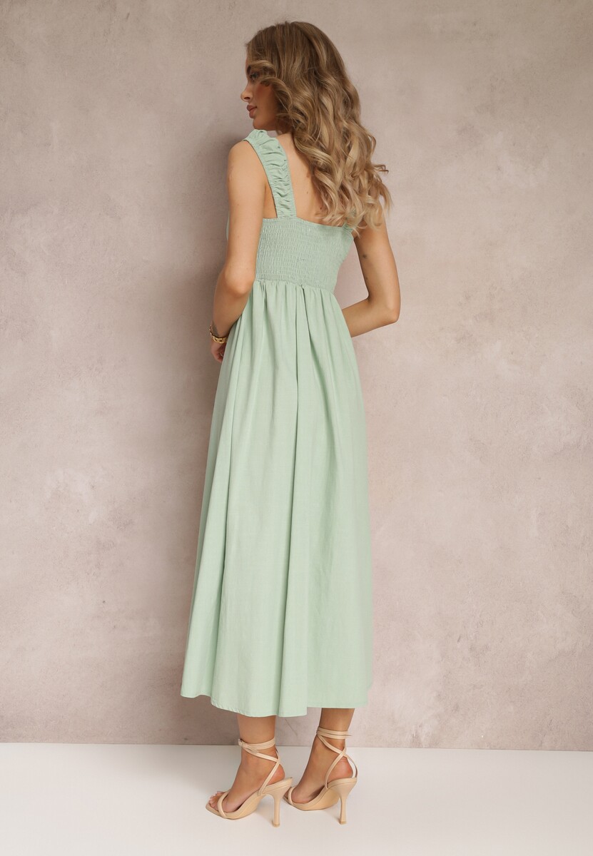 Zielona Rozkloszowana Sukienka Bawełniana z Kwadratowym Dekoltem Trenna