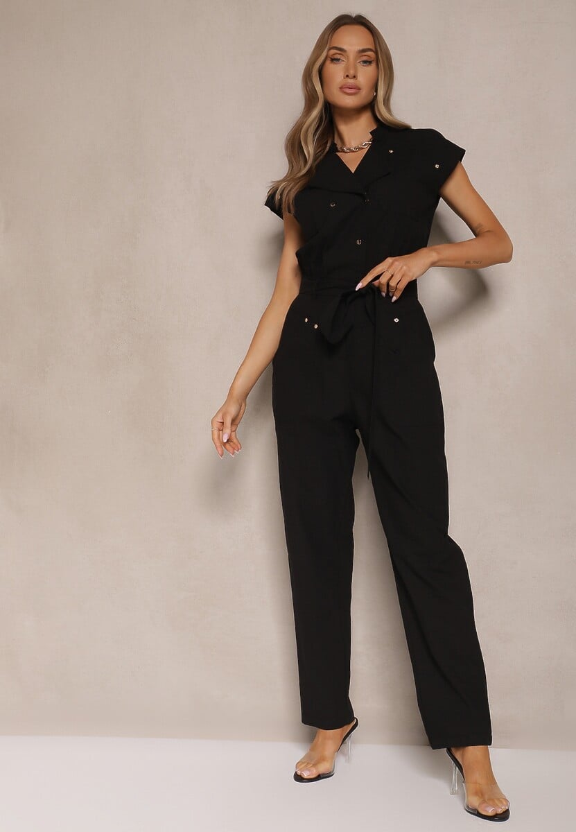 Beżowy Koszulowy Kombinezon z Wiskozą Zdobiony Napami i Wiązanym Paskiem Sepirise