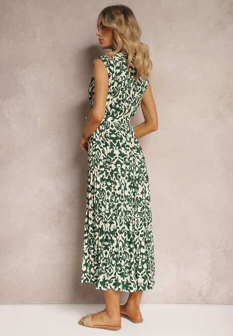 Zielona Sukienka z Wiskozy Zapinana na Guziki z Materiałowym Paskiem i Gumką w Pasie Isolia