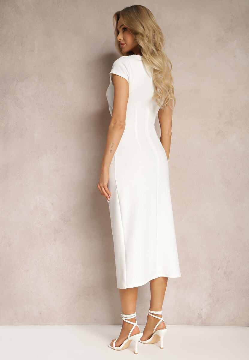 Biała Midi Sukienka z Kwadratowym Dekoltem Linerana
