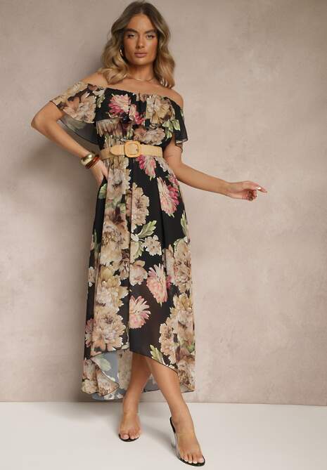 Czarna Sukienka Hiszpanka z Kwiatowym Wzorem i Plecionym Paskiem Sadeene