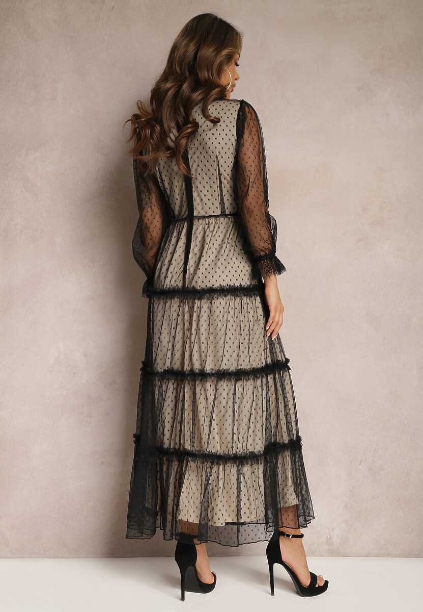 Beżowo-Czarna Tiulowa Sukienka Maxi ze Wstawkami z Koronki i Ozdobnymi Guzikami Aovena
