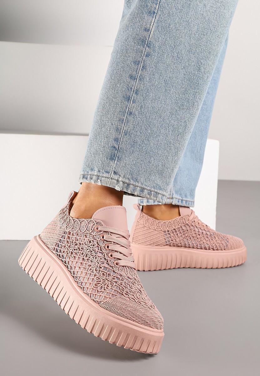 Różowe Sneakersy Vices na Platformie z Ażurową Cholewką Lumerise