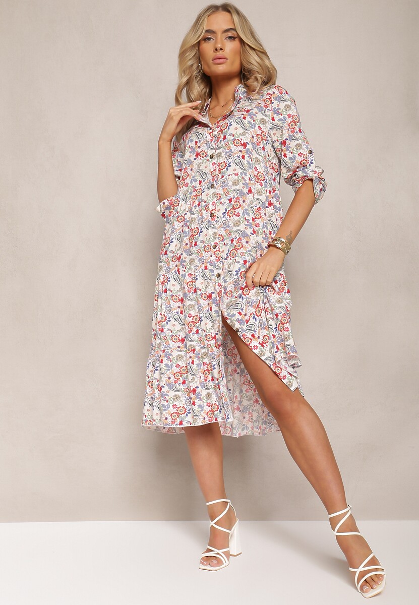 Biało-Różowa Rozkloszowana Sukienka Midi z Bawełny Ozdobiona Kwiatami Menomia